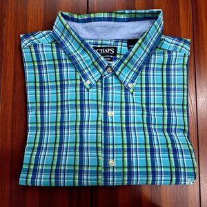 Chaps Easy Care Blue Plaid Short Sleeve‎ Button Down Oxford Shirt